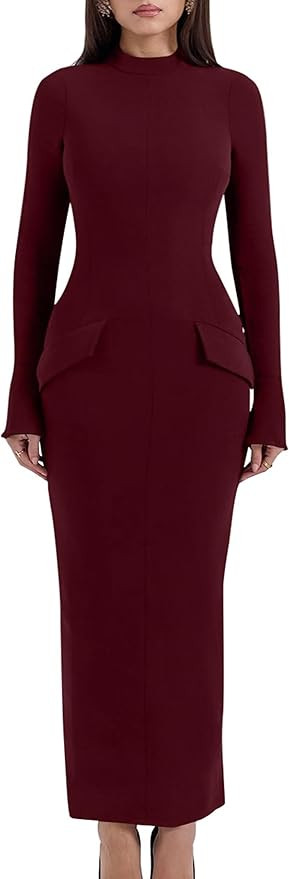 YMDUCH Women's Long Sleeve Mock Turtle Neck Bodycon Back Slit Club Party Long Pencil Dress | Amazon (US)