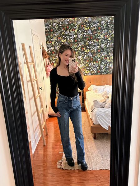 Simple, classic 90s everyday look. I’m obsessed with straight leg super high cut denim and fit top ! Platform booties to top it off! 

#LTKfindsunder50 #LTKfindsunder100 #LTKstyletip