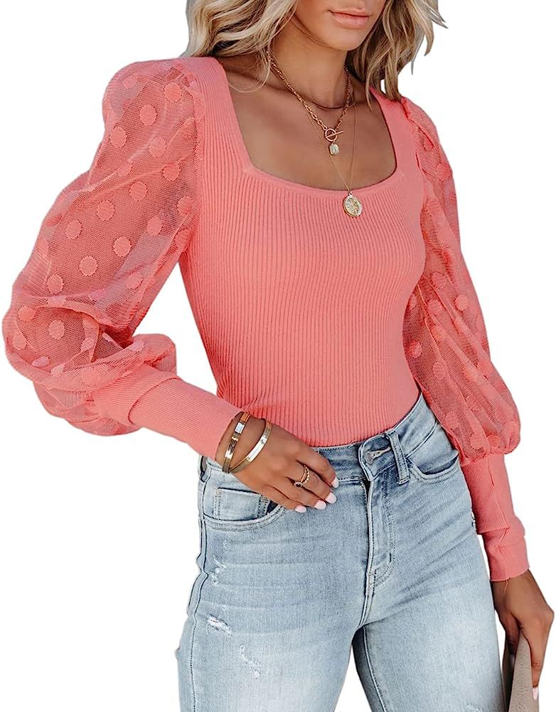 miduo Womens Tops Crewneck Lace Splicing Long Sleeve Top Shirts Slim Knit Ribbed Tops Blouses | Amazon (US)