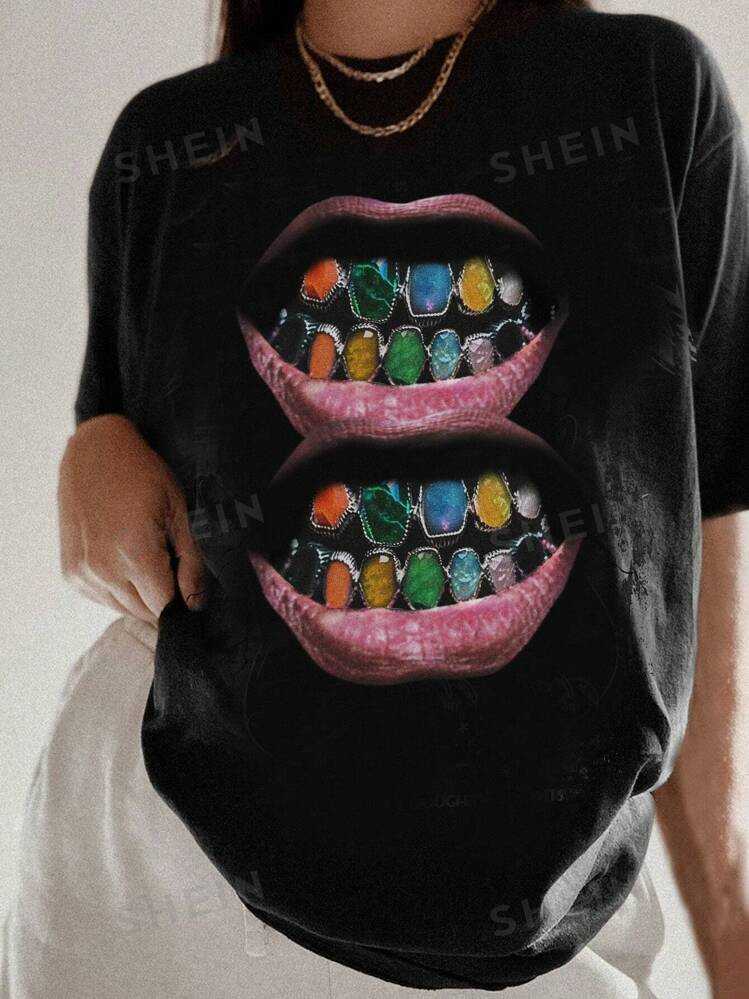 SHEIN EZwear Casual Loose Crew Neck Lip Print Short Sleeve T-Shirt For Women, Summer | SHEIN