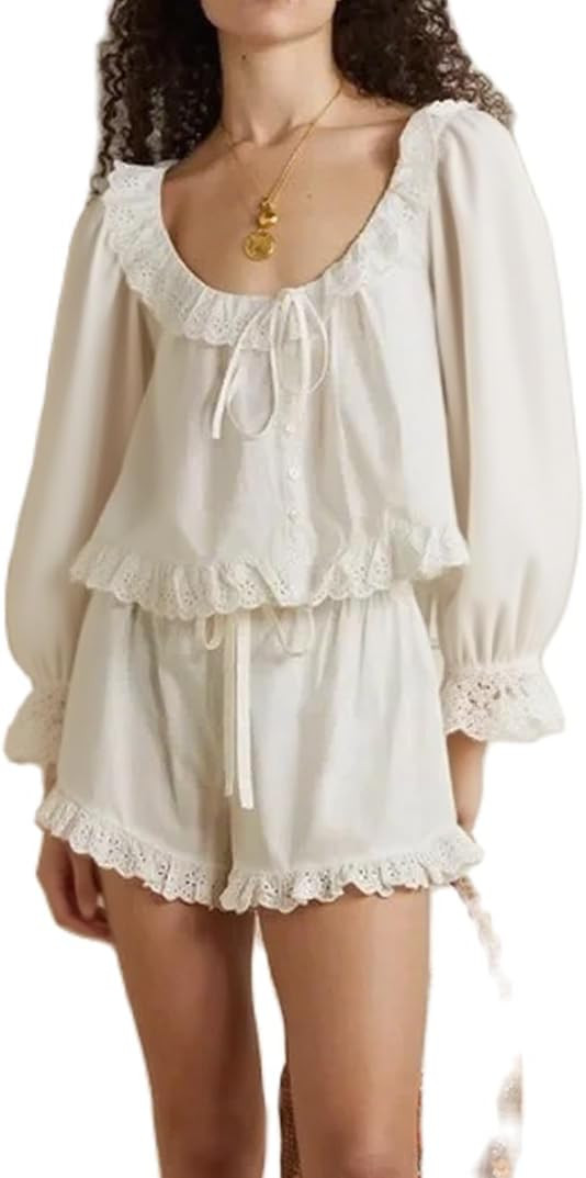 ROAONOCOMO Women Ruffle Pajama Set Long Puff Sleeve Babydoll Shirt Lace Trim Coquette Shorts Set ... | Amazon (US)