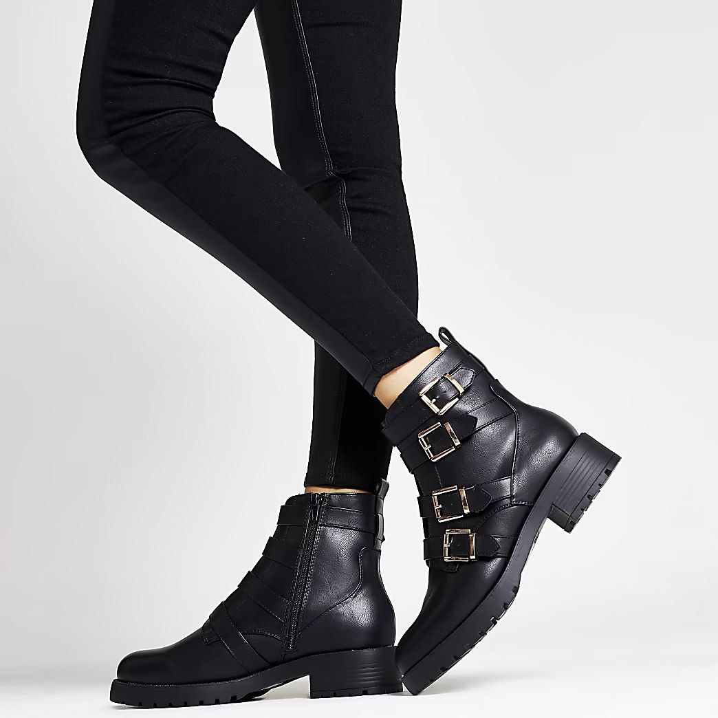 Black buckle strap chunky ankle boots | River Island (UK & IE)