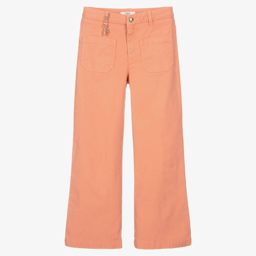Chloé Girls Coral Orange Cotton Wide Leg Trousers | Childrensalon