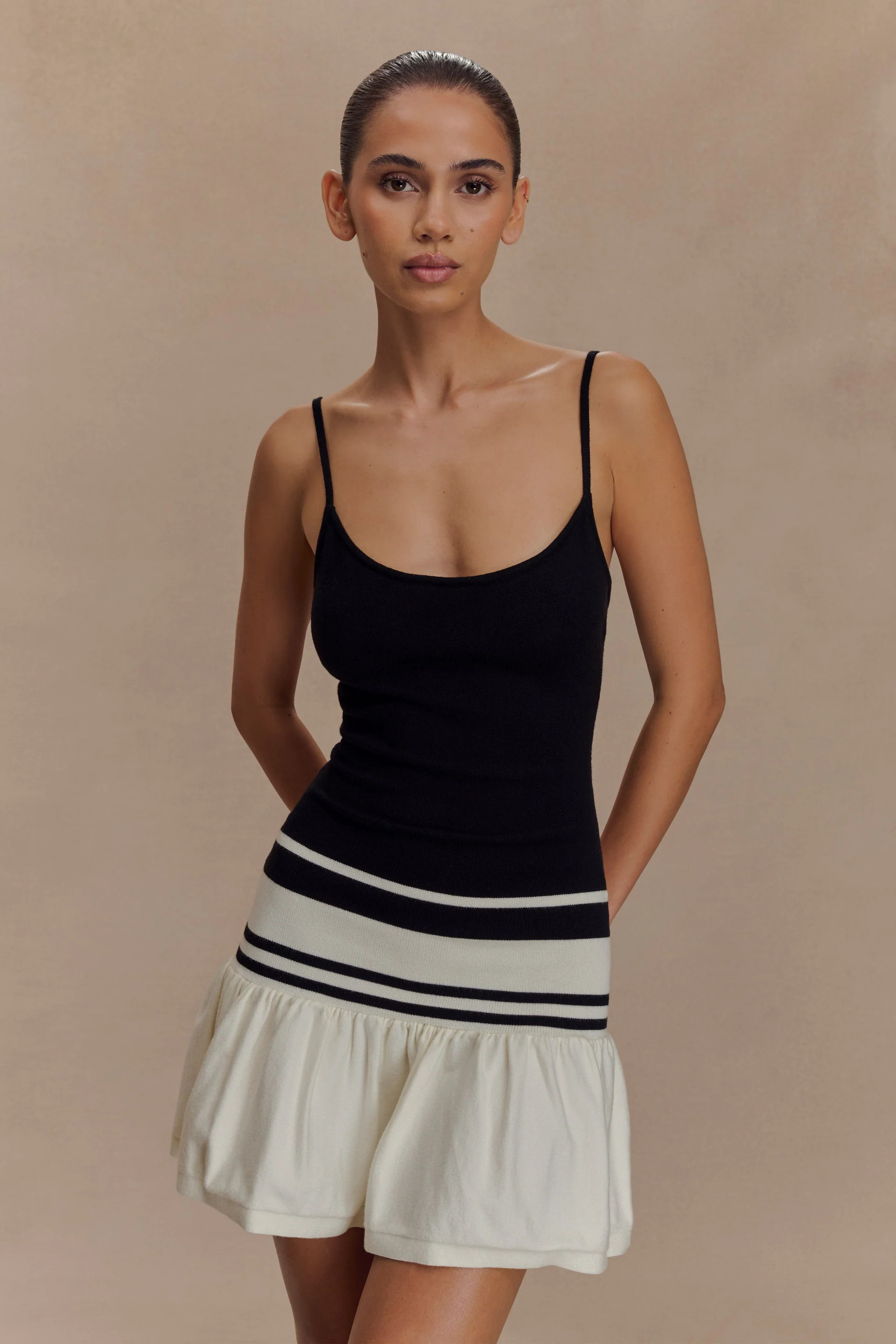 Ellison Contrast Knit Mini Dress - Black/White | MESHKI US