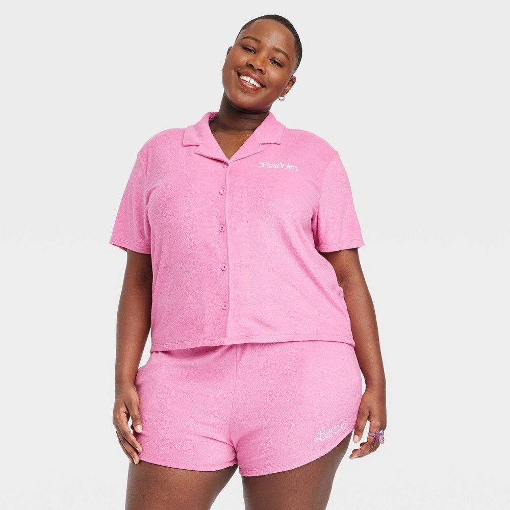 Women's Barbie Terry Cloth Short Sleeve Graphic T-Shirt - Pink 2X | Target