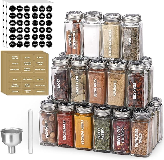 Antimbee 28 Pcs Clear Glass Spice Jars,3.5 oz Glass spice jar with 324 labels, Funnel,Chalk Pen,S... | Amazon (US)