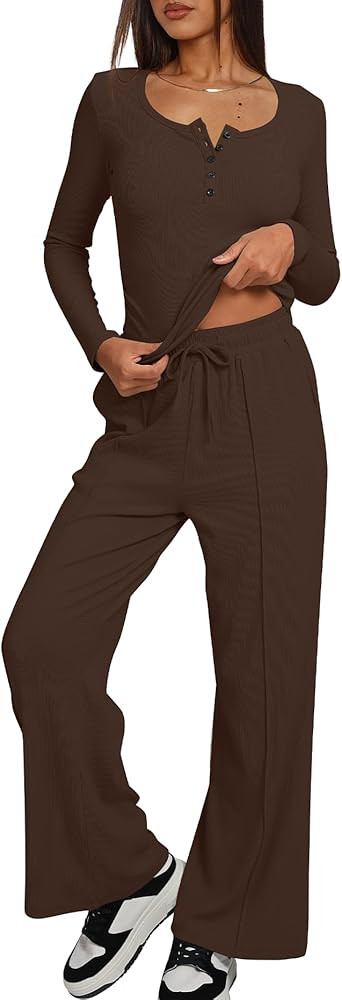 Darong Women's Fall Trendy 2 Piece Outfits Lounge Sets Long Sleeve Top Henley Shirts Wide Leg Pan... | Amazon (US)