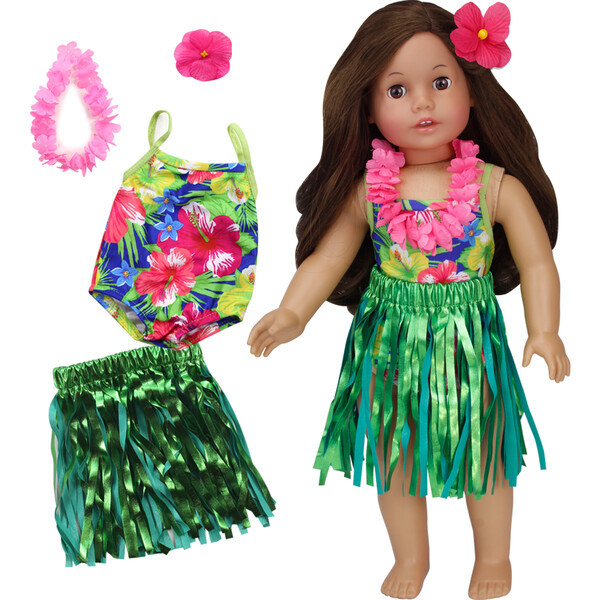 18" Doll Hawaiian Floral Bathing Suit, "Grass" Skirt, Floral Lei & Flower Hair clip | Maisonette