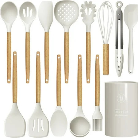 Silicone Cooking Utensils Set - 446°F Heat Resistant Silicone Kitchen Utensils for Cooking,Utensil Spatula Set w Wooden Handles and Holder, BPA FREE Gadgets for Non-Stick Cookware (Cream White) | Walmart (US)