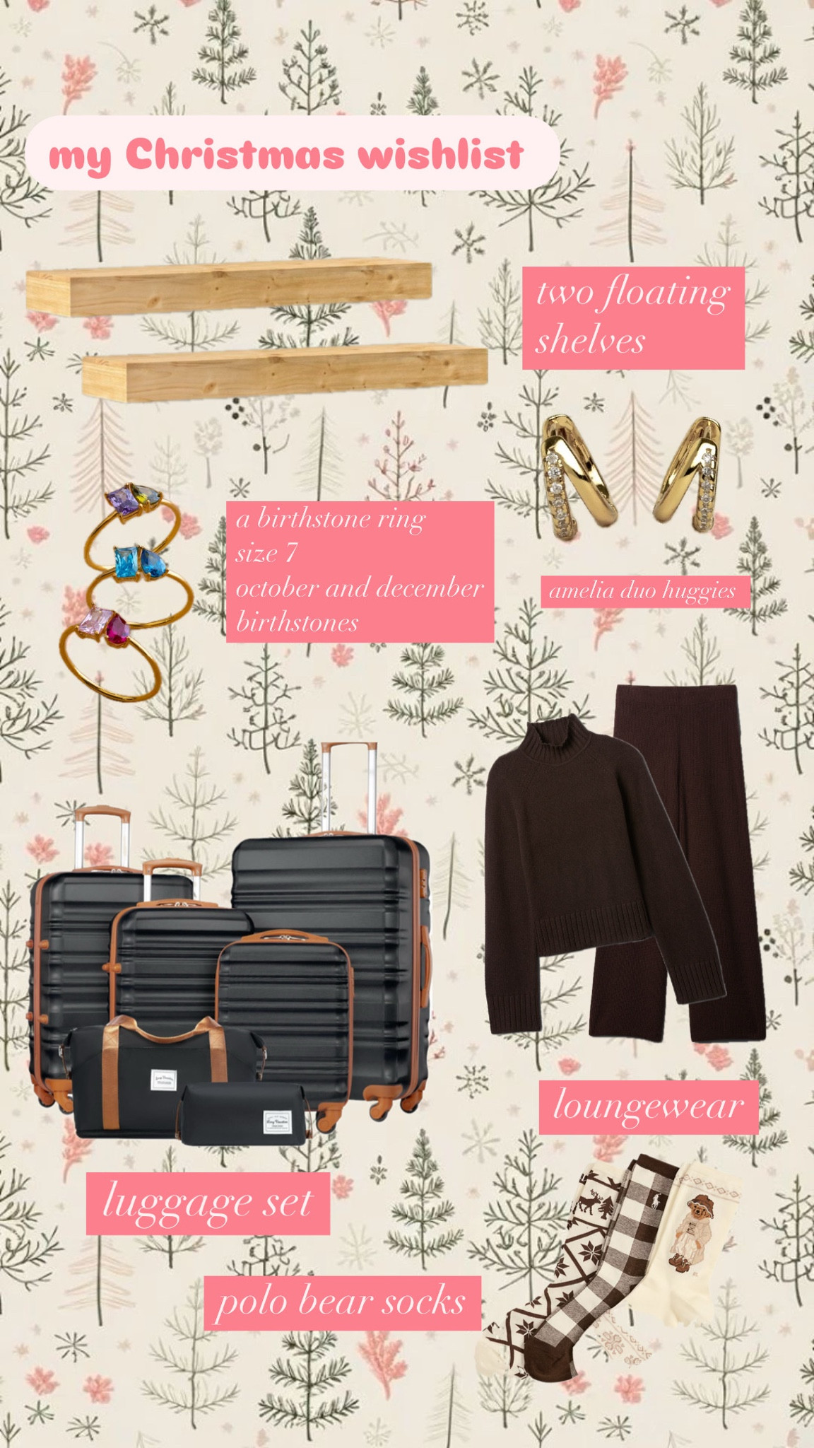 i always have the hardest time thinking of what i want for christmas but this is a list of things i found i was about to buy myself and figured i should send it out instead since people were asking me for gift ideas for myself! also i am a huge fan of getting gift cards for christmas! on my list this year are some floating shelves for a project i want to do in our bathroom, some dainty jewelry, a lounge set, some luggage and some polo bear socks 🧦🎄 

#LTKGiftGuide #LTKSeasonal #LTKHoliday