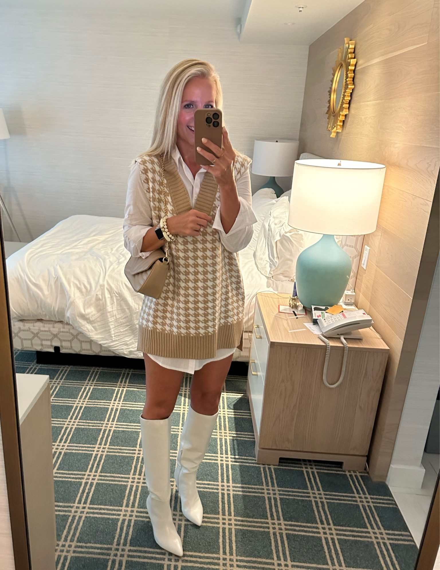 Amazon sweater vest dress - size medium. Long button down is amazon too, as well as my purse and accessories. Boots are currently 30% off at DSW. 

Thanksgiving, work outfit, fall, spring, houndstooth 

#LTKfindsunder50 #LTKHoliday #LTKsalealert