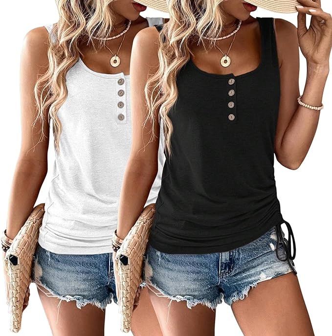 Womens Tank Tops, 2 Pack Summer Tank Tops for Women 2024, Sleeveless U Neck Loose Button Casual H... | Amazon (US)