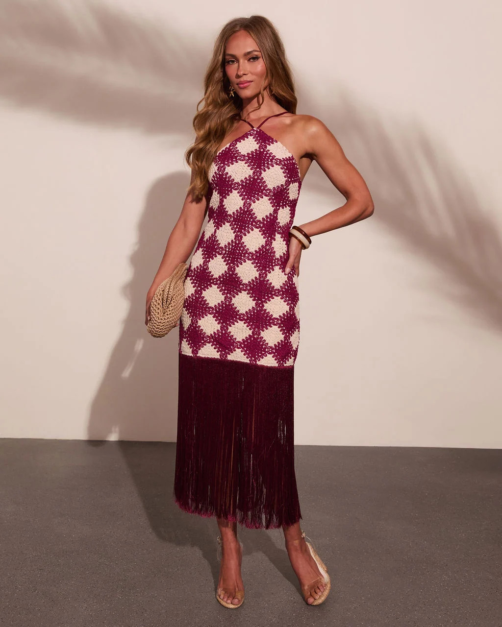 Caliste Knit Checkered Fringe Halter Neck Mini Dress | VICI