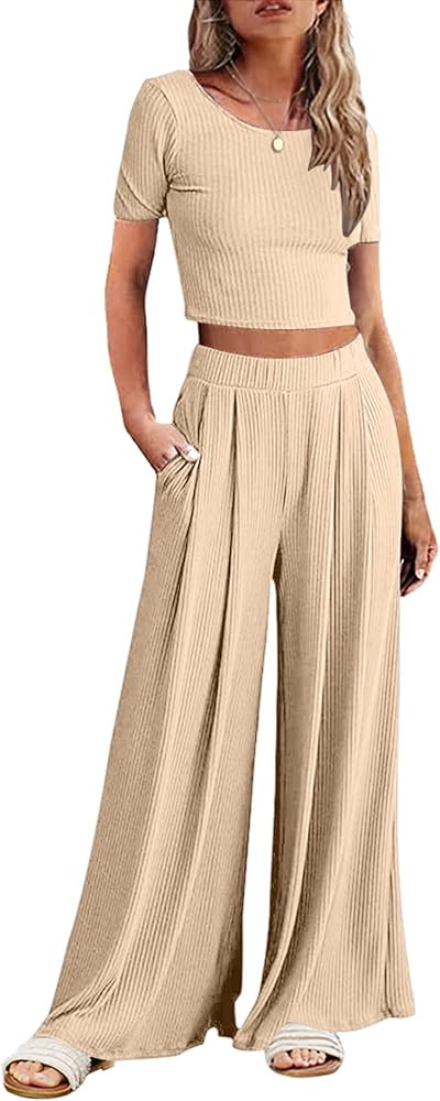 Ekouaer Women's 2 Piece Lounge Sets Short Sleeve Pajama Set Ribbed Knit Crop Top Wide Leg Pants L... | Amazon (US)