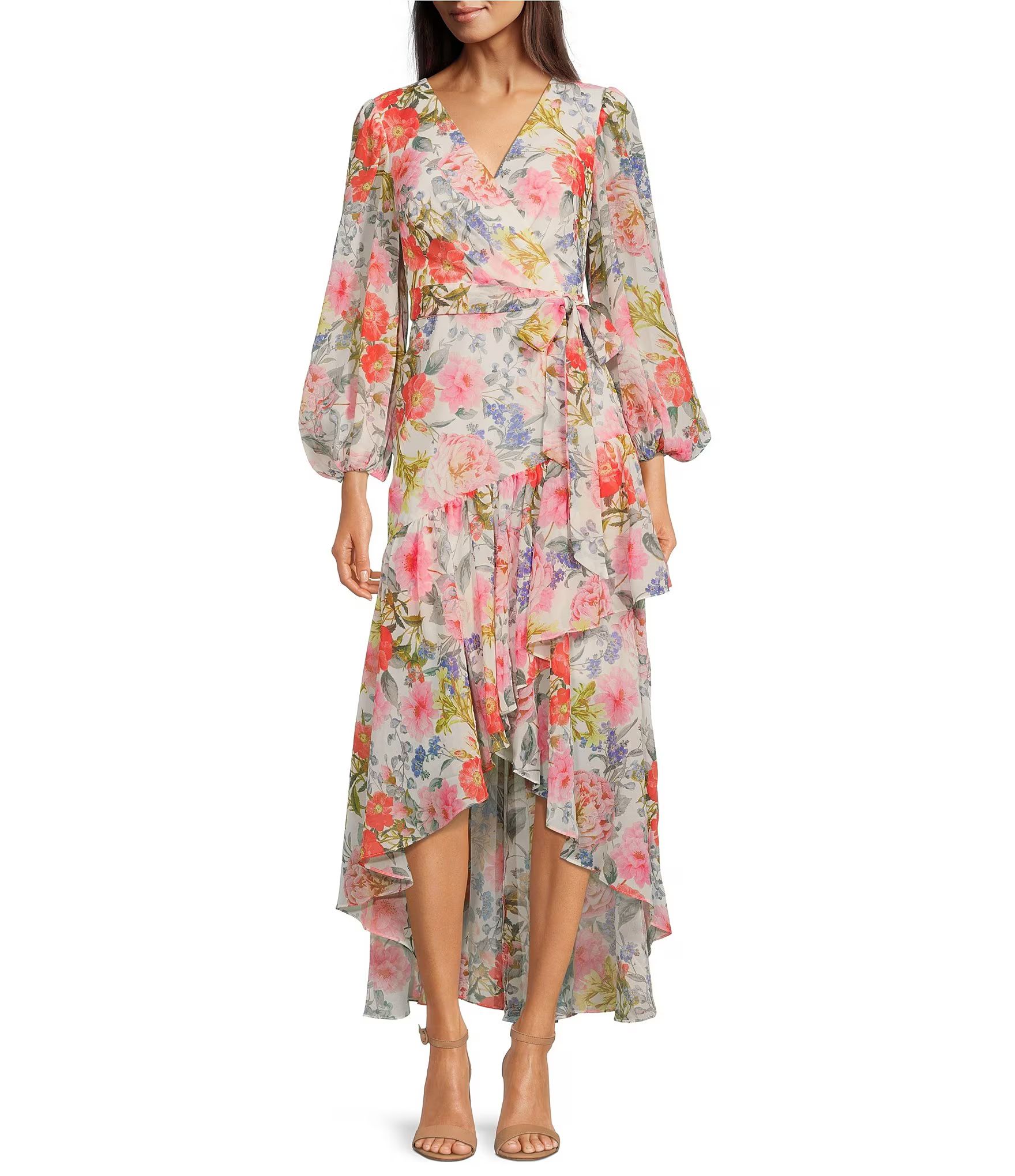 Floral Print Chiffon Ruffle V-Neck Long Blouson Sleeve Tie Waist High-Low Faux Wrap Maxi Dress | Dillard's