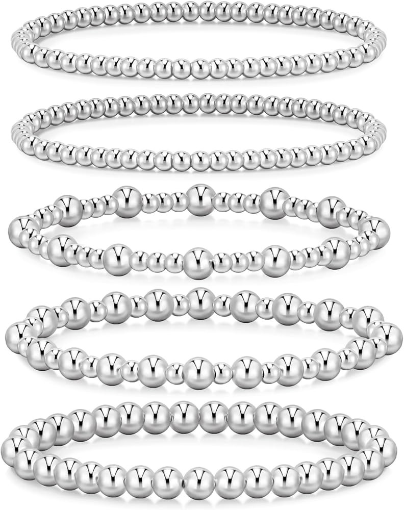 Gold Bracelets for Women Waterproof, 14K Gold Plated Beaded Strand Bead Ball Bracelets stack Adju... | Amazon (US)