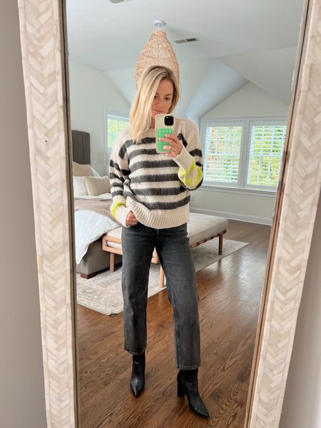 New striped sweater for fall under $100 with code COZY // I sized up 1 to a medium for a more relaxed fit 
•black jeans fit tts, size 26
•black booties fit tts 

fall outfit, fall sweater 

#LTKfindsunder100 #LTKSeasonal #LTKshoecrush