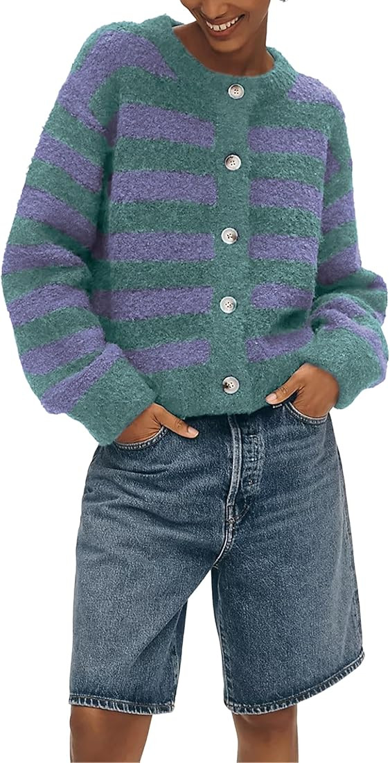 UANEO Women's Striped Cardigan Sweaters Trendy Boucle Button Down Long Sleeve Tops Crewneck Casua... | Amazon (US)