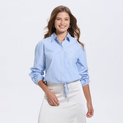 Women's Long Sleeve Bubble Button-Down Shirt - A New Day™ Blue Striped XXL | Target