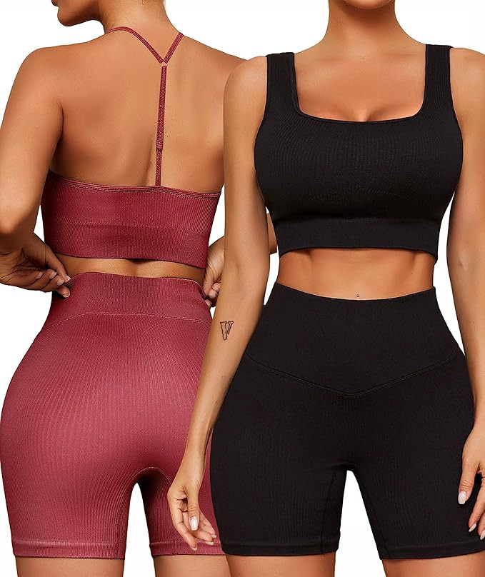 FINETOO Workout Outfits Sets for Women 4 piece Seamless Backless Tank Sport Bra High Waist Short ... | Amazon (US)