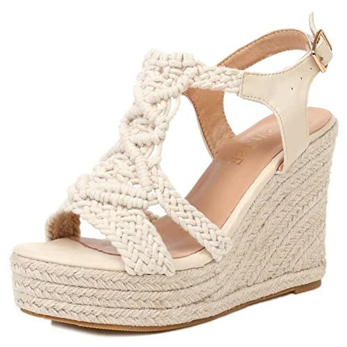 RUSAUISE Open-toe Woven Wedge Sandals for Women Cutout Buckle Strap Platform Sandals Open-back Braided Espadrille Wedge Comfortable Shoes Beige Size 10.5 | Amazon (US)