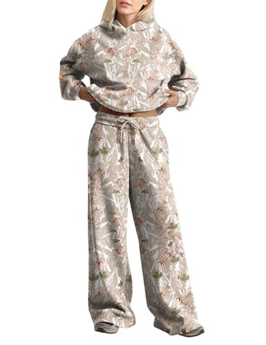 somzop Women’s Two Piece Camo Sweatsuits Set Y2K Oversize Sweatshirt Maple Leaf Print Hoodie Sweatpants Lounge Outfits(Small,Dark Khaki) | Amazon (US)