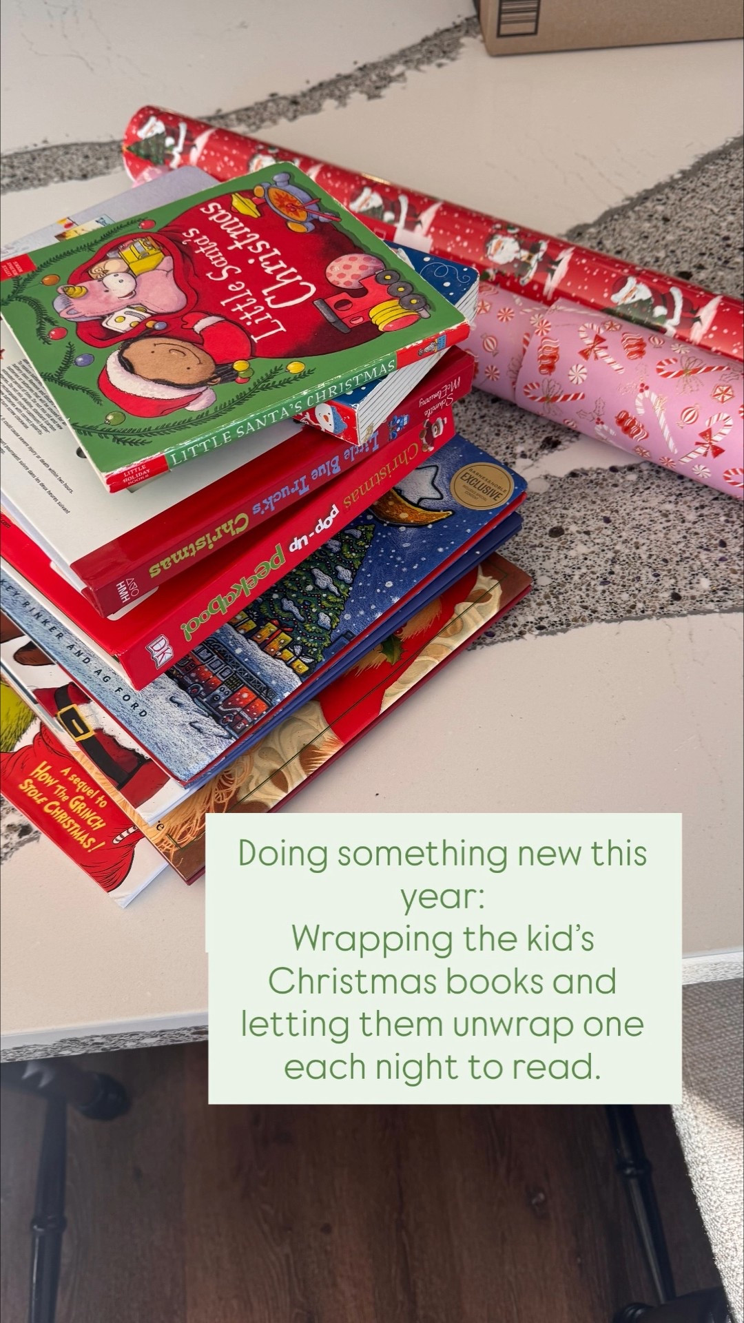 Doing something new this year: 
Wrapping the kid’s Christmas books and letting them unwrap one each night to read.