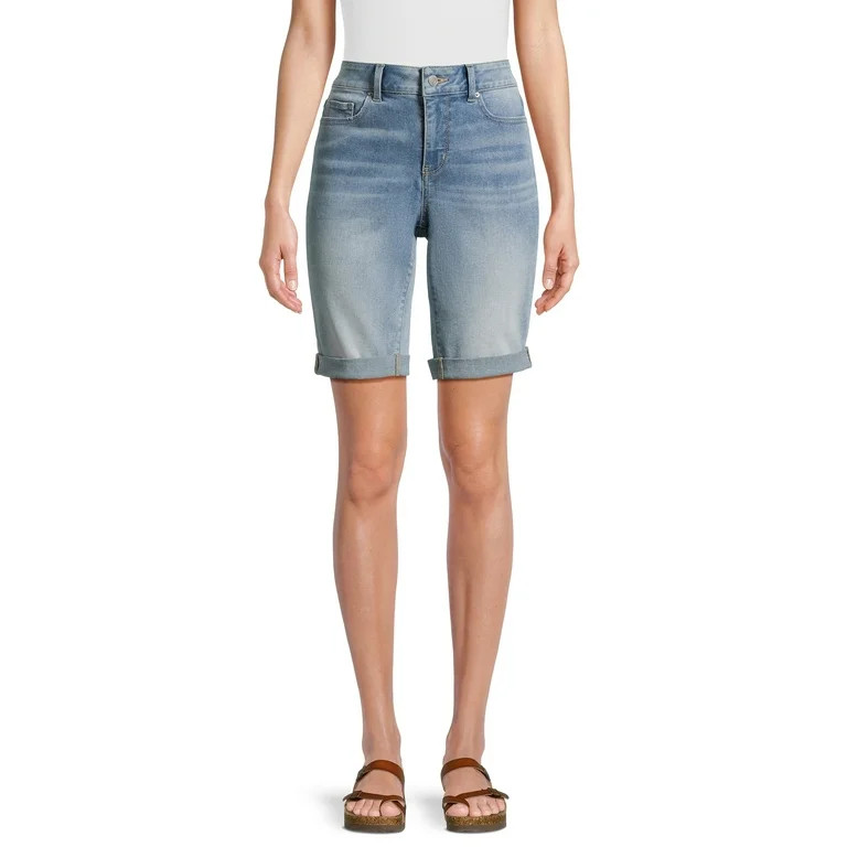 Time and Tru Women's Double Rolled Cuff Denim Bermuda Shorts, 10” Inseam, Sizes 2-20 | Walmart (US)