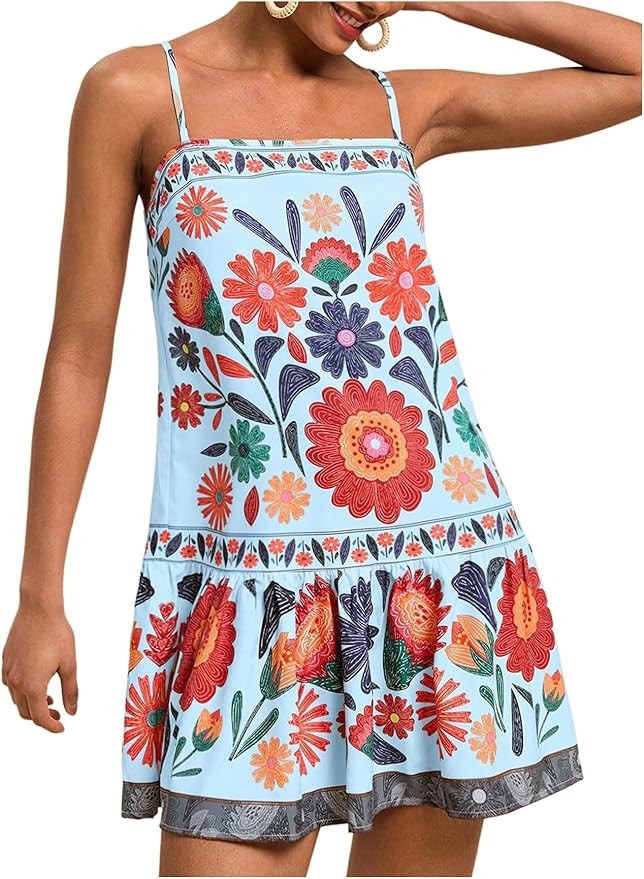 Women's Floral Boho Flowy Mini Cami Dress Ruffle Hem Spaghetti Strap Vacation Tank Dresses | Amazon (US)