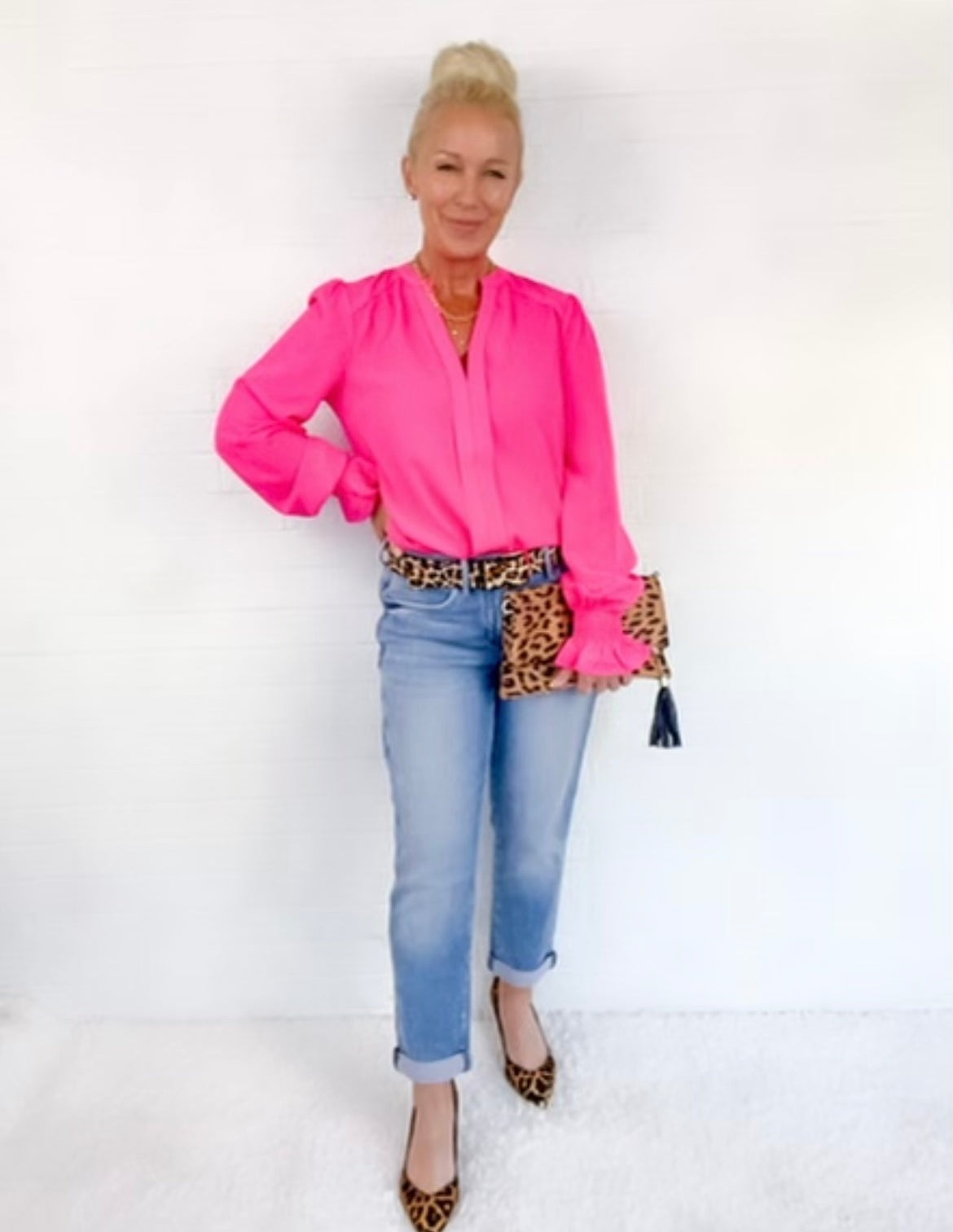 Pink Long Sleeve Blouse | Peppered with leopard