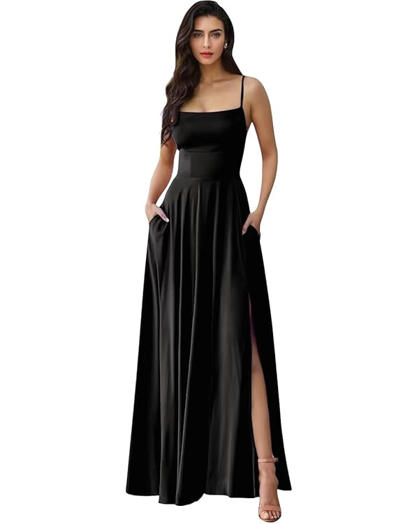 Bekvamlighet Square Neck Satin Bridesmaid Dresses Long Women's Prom Dress with Slit Spaghetti Str... | Amazon (US)