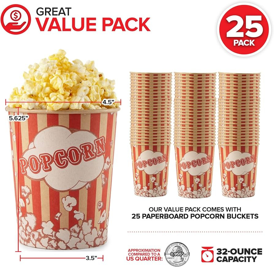 Stock Your Home 32 Oz Kraft Popcorn Buckets (25 Count) - Greaseproof Vintage Style Disposable Pop... | Amazon (US)