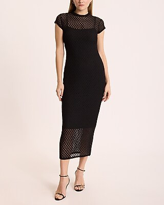 Textured Mesh Crew Neck Cap Sleeve Midi Dress | Express