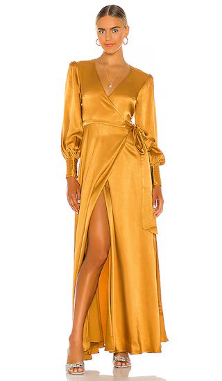 x REVOLVE Maxi Wrap Dress in Gold | Revolve Clothing (Global)