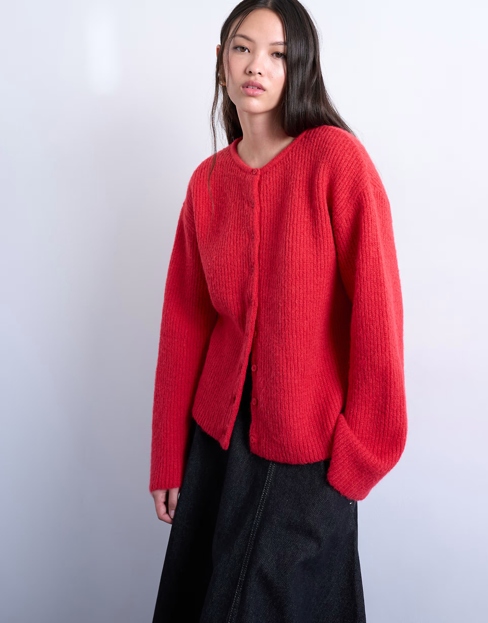 Topshop knitted easy ribbed relaxed cardigan in red | ASOS (Global)