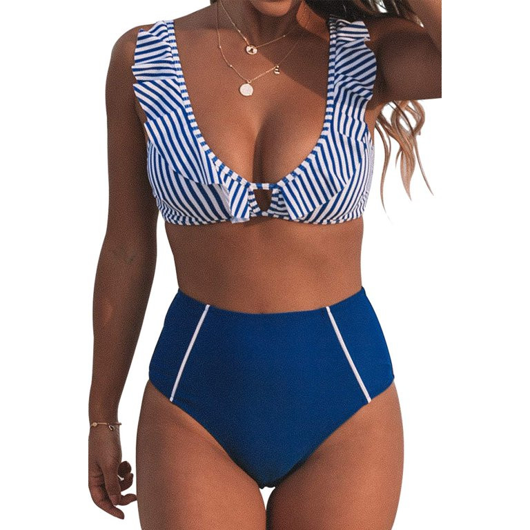 Cupshe Women's Blue Striped High-Waisted Bikini Swimsuit Set | Walmart (US)
