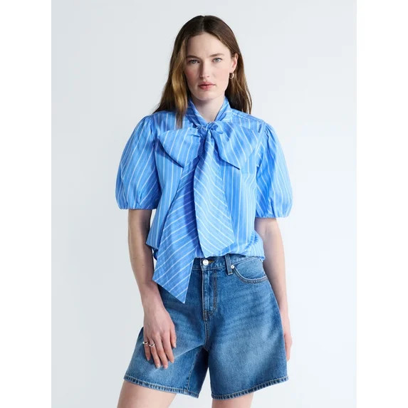 Free Assembly Women's Cotton Bow Blouse with Short Puff Sleeves, Sizes XS-XXL | Walmart (US)