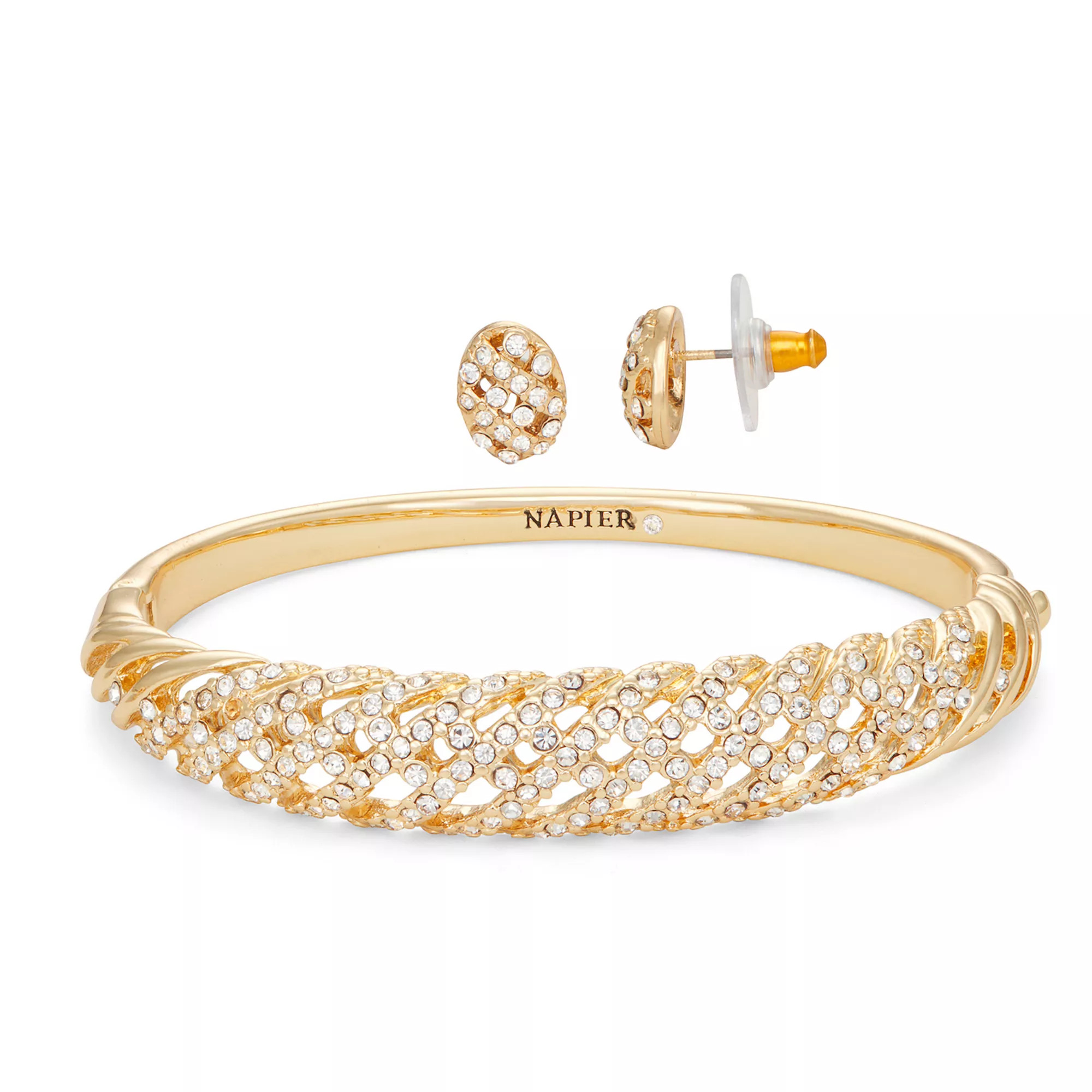 Napier Gold Tone Crystal Bangle Bracelet & Button Stud Earring Set | Kohl's