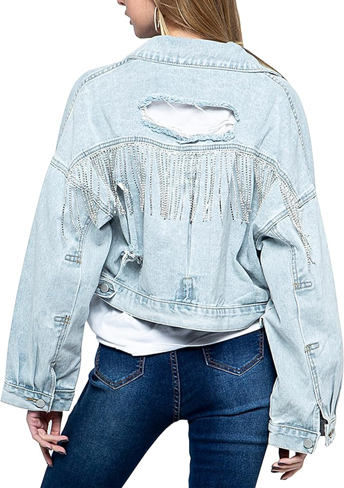 Joiemont Womens Denim Jacket with Fringe Rhinestones Long Sleeve Distressed Ripped Denim Jackets ... | Amazon (US)