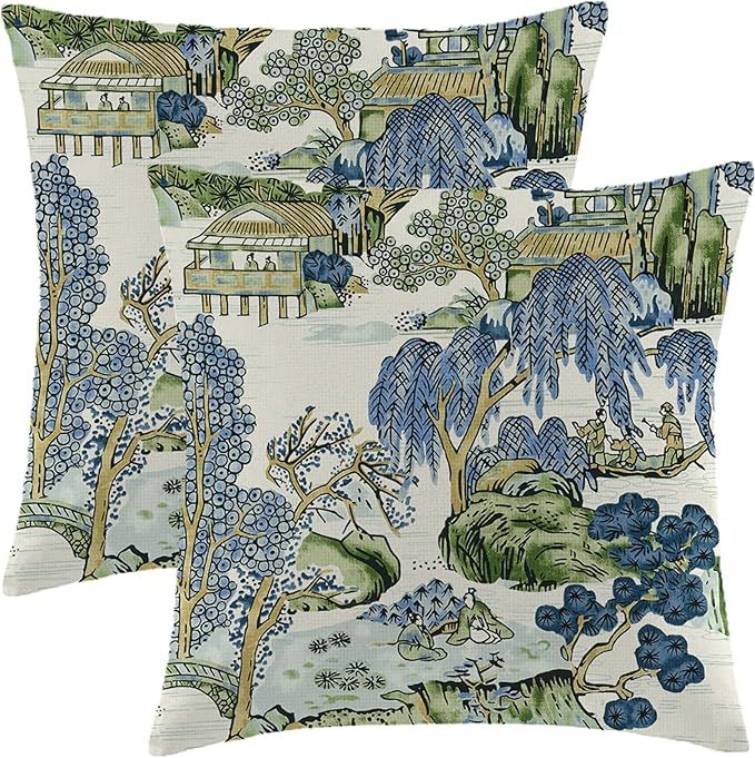 Wsunsal Chinoiserie Pillow Covers 22x22 Inch Set of 2, Asian Scenic Blue and Kelly Green Throw Pi... | Amazon (US)
