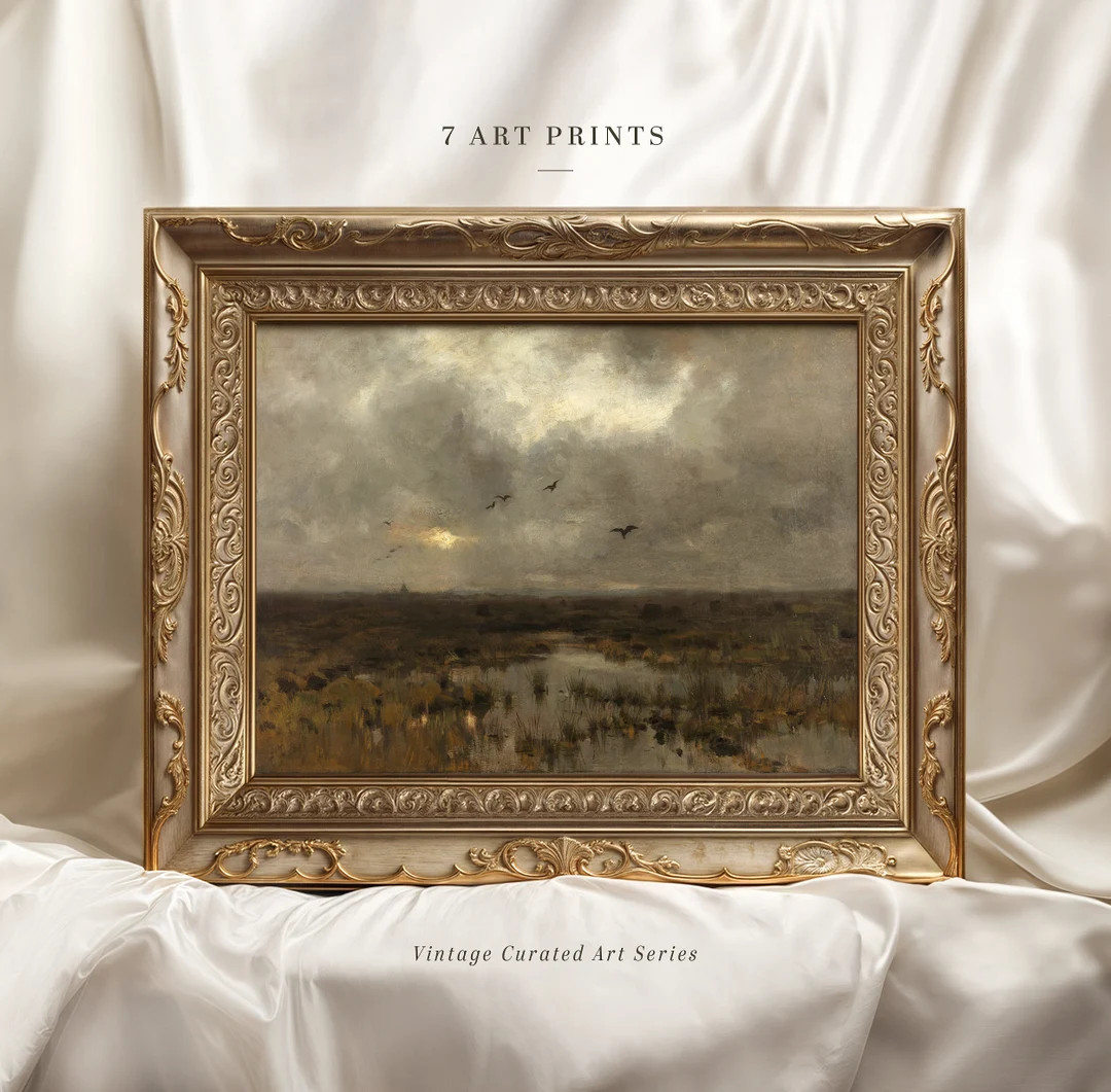 Dark Moody Landscape Print, Printable Wall Art, Meadow Rustic Wall Art, Antique Scenery Oil Paint... | Etsy (US)