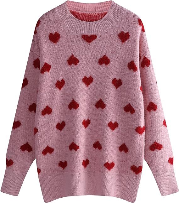 Arssm Women's Casual Loose Crew Neck Long Sleeve Cute Heart Pullover Knitted Sweater | Amazon (US)