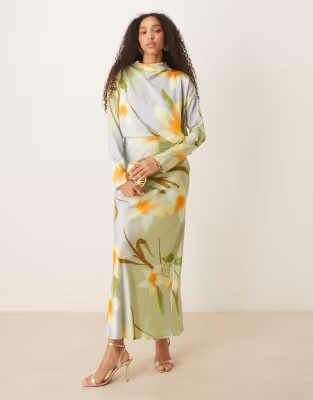 ASOS DESIGN high neck bias satin maxi dress with sleeve detail in yellow floral print | ASOS (Global)