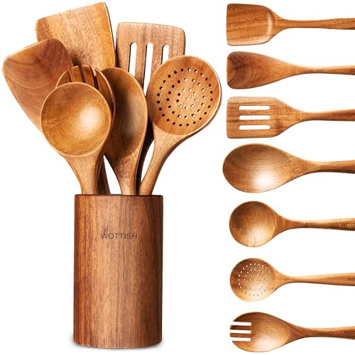 Wooden Spoons for Cooking - 8-Piece Wooden Kitchen Utensil Set made of Natural Solid Wood Material - Includes Spoons, Spatulas, Ladles, Strainer Spoon, Salad Fork, Mixing Spoon and Utensil Holder | Amazon (US)
