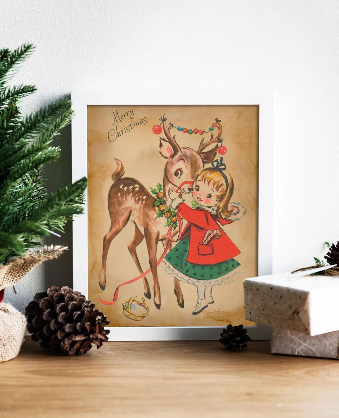 Christmas Vintage Young Girl Hugging a Deer Illustration Art Print, Vintage Christmas, Vintage Ch... | Etsy (US)