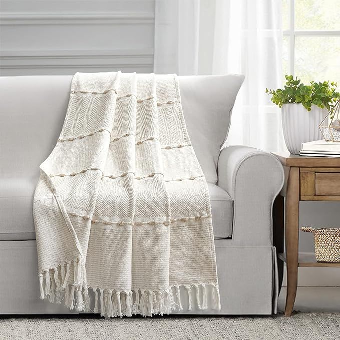 Lush Decor Herringbone Stripe Yarn Dyed Cotton Woven Tassel Blanket, 60" x 50", Neutral & White | Amazon (US)