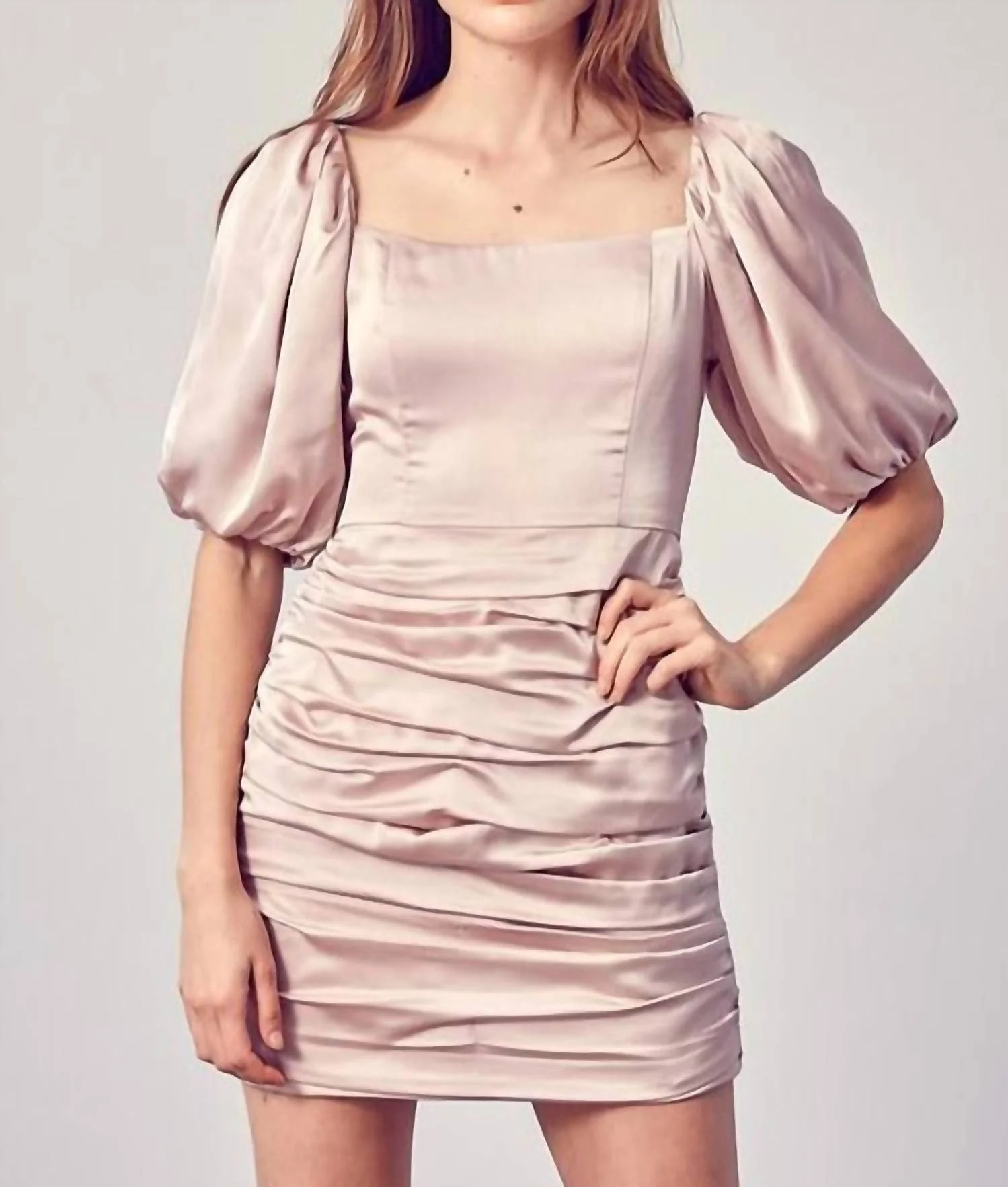 Puff Sleeve Satin Dress In Champagne | Shop Simon