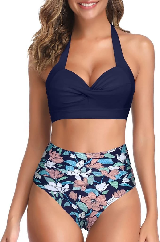 Tempt Me Women Two Piece Vintage Swimsuit Retro Halter Ruched High Waist Bikini with Bottom | Amazon (US)
