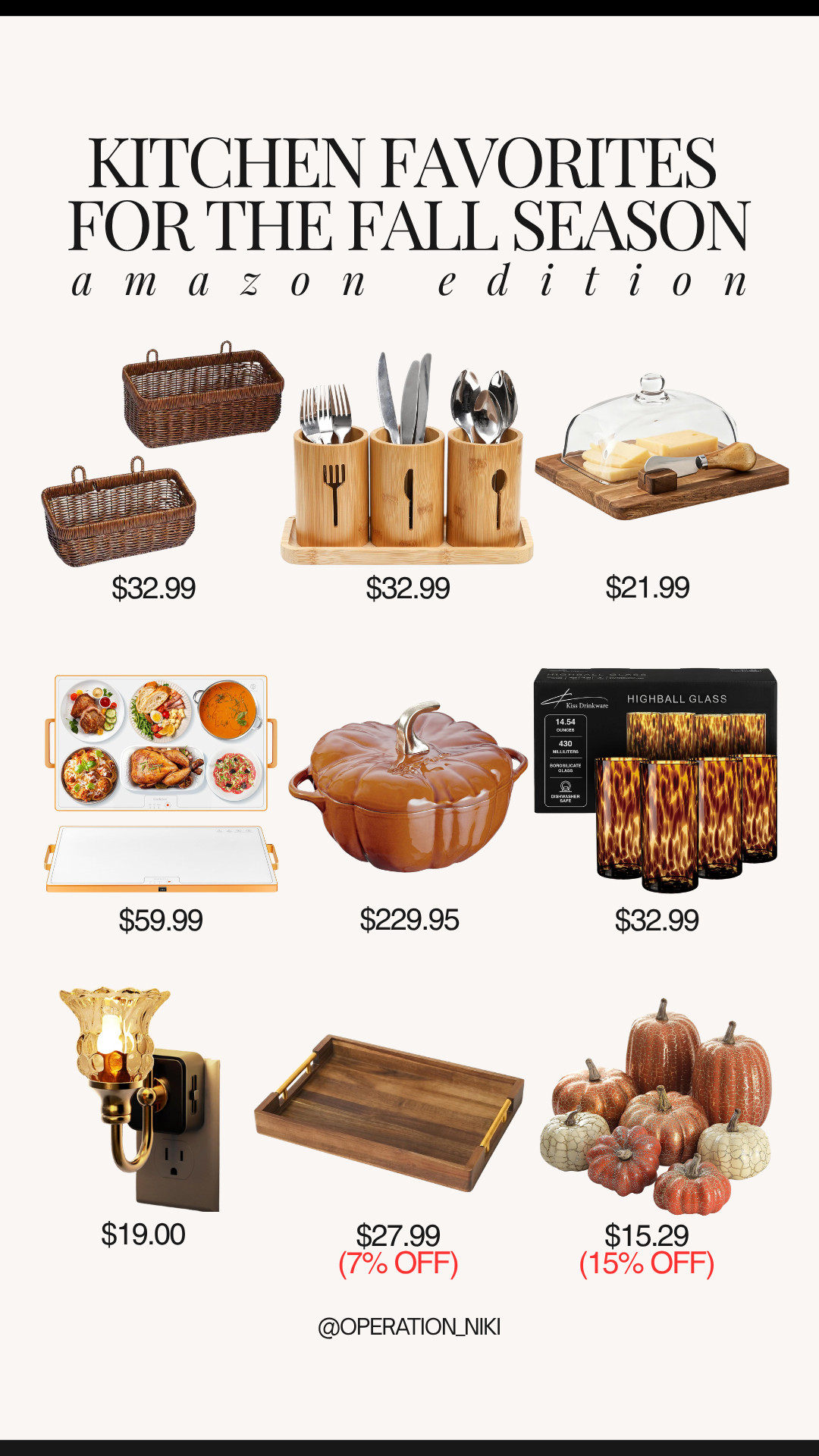 Bringing warm, cozy fall energy into the kitchen makes cooking, baking, and hosting autumn gatherings so inviting! 🍂🍁

This lineup features my favorite seasonal kitchen staples: woven hanging storage baskets, bamboo utensil caddy organizer set, wooden cheese display board with glass dome and knife, electric warming mat tray for keeping dishes warm, Staub ceramic pumpkin dutch oven, tortoise shell highball glasses, gold plugin nightlight sconce, wooden tray with gold handles, and textured decorative mini pumpkins.

Shop all my favorite fall kitchen finds linked below! 🛒

Follow for more @OPERATION_NIKI on IG, TikTok, & Facebook

#AmazonHome #FallKitchen #CozyHome #OperationNiki #AmazonFinds #FallDecor #Staub #KitchenOrganization #AutumnVibes #ShoppingHaul 

 #LTKfoodie #LTKHome