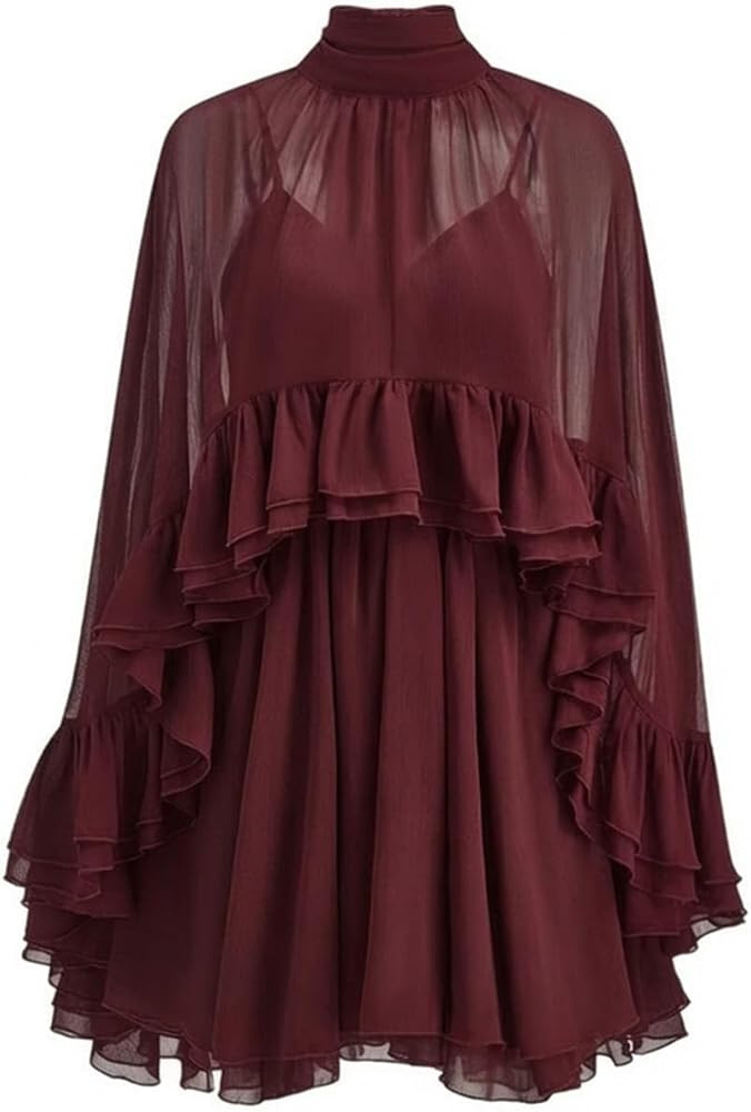Women\u2019s Semi Sheer Chiffon Ruffle Dress with Outer Cape, Poncho Sleeve Flowy Mini Dress, Loo... | Amazon (US)